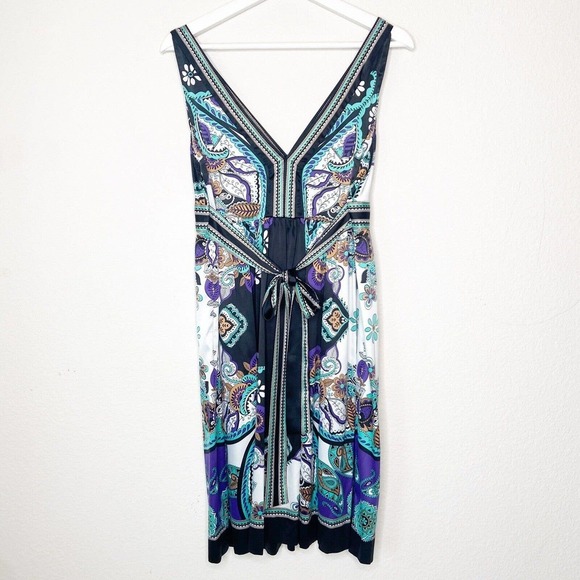 Ice Floral and Paisley V Neck Sleeveless Belted Black Dress 12 - Picture 6 of 10